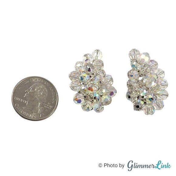 VTG AB Aurora Borealis Beaded Paisley Cluster Silver Tone Clip On Earrings - Picture 4 of 11
